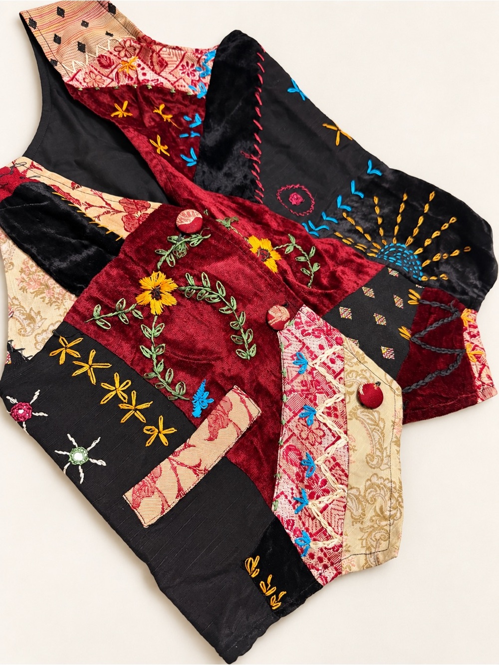Unique - Ice Fire Embroidered Patchwork Vest M | Whimsy Boho Velvet Textures